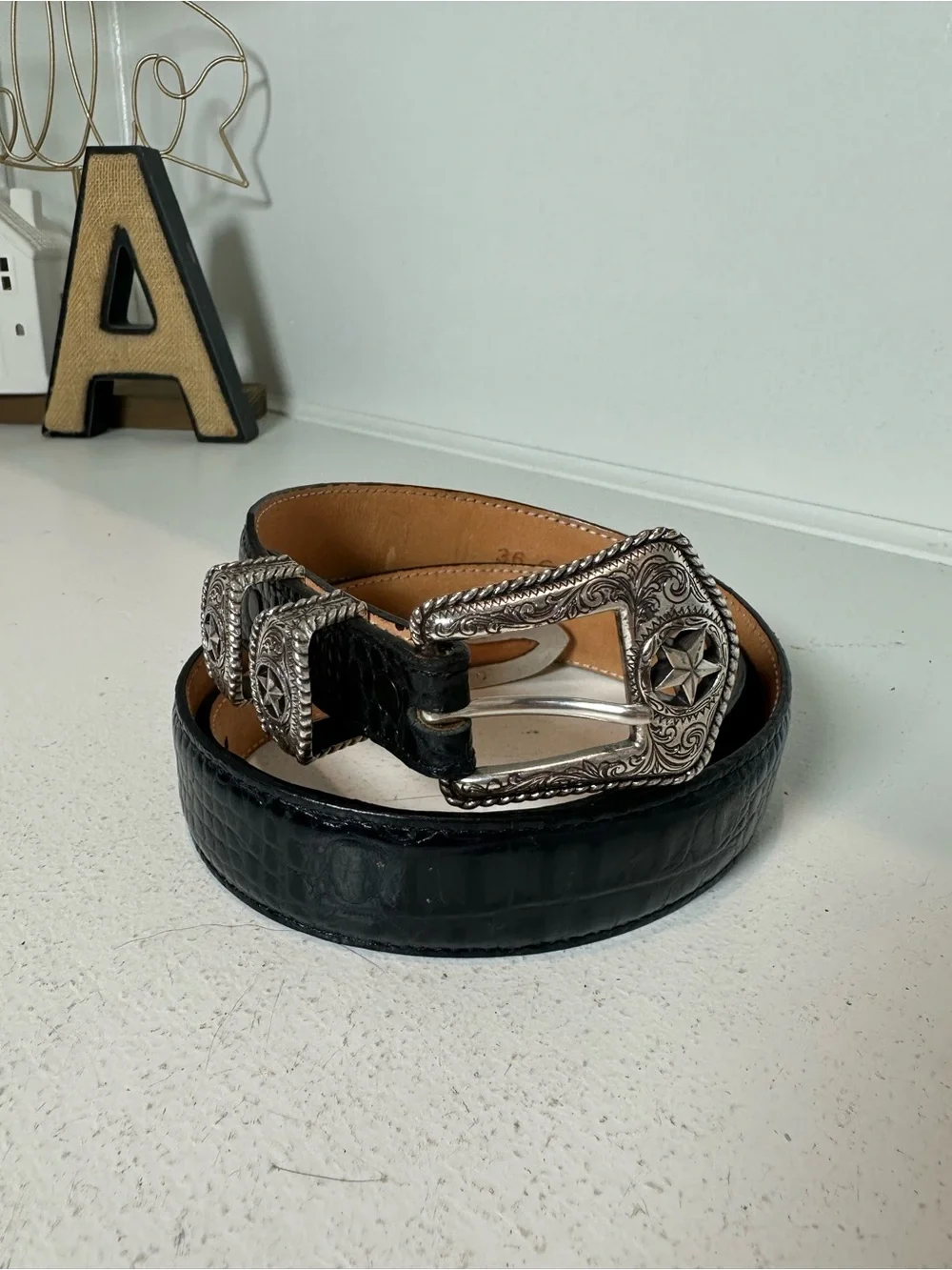 Tony Lama Belt Size 36 Black Leather Embossed Western Belt Silver Star Buckle